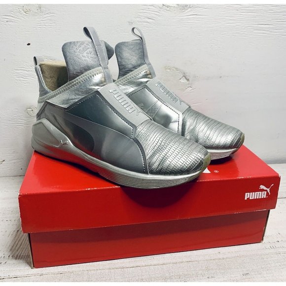 Puma Silver Sneakers High Ankle 18986501 Metallic Women’s Size 8 Pull On Shoes - Picture 1 of 5